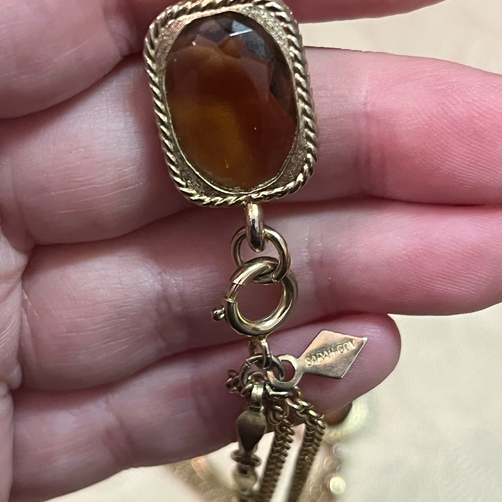VTG Sarah Coventry Signed 52” Amber Glass Gold Tone Metal Costume Necklace - Picture 3 of 5